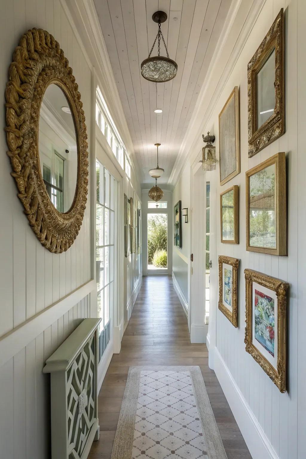 Plank walls make this hallway feel inviting.