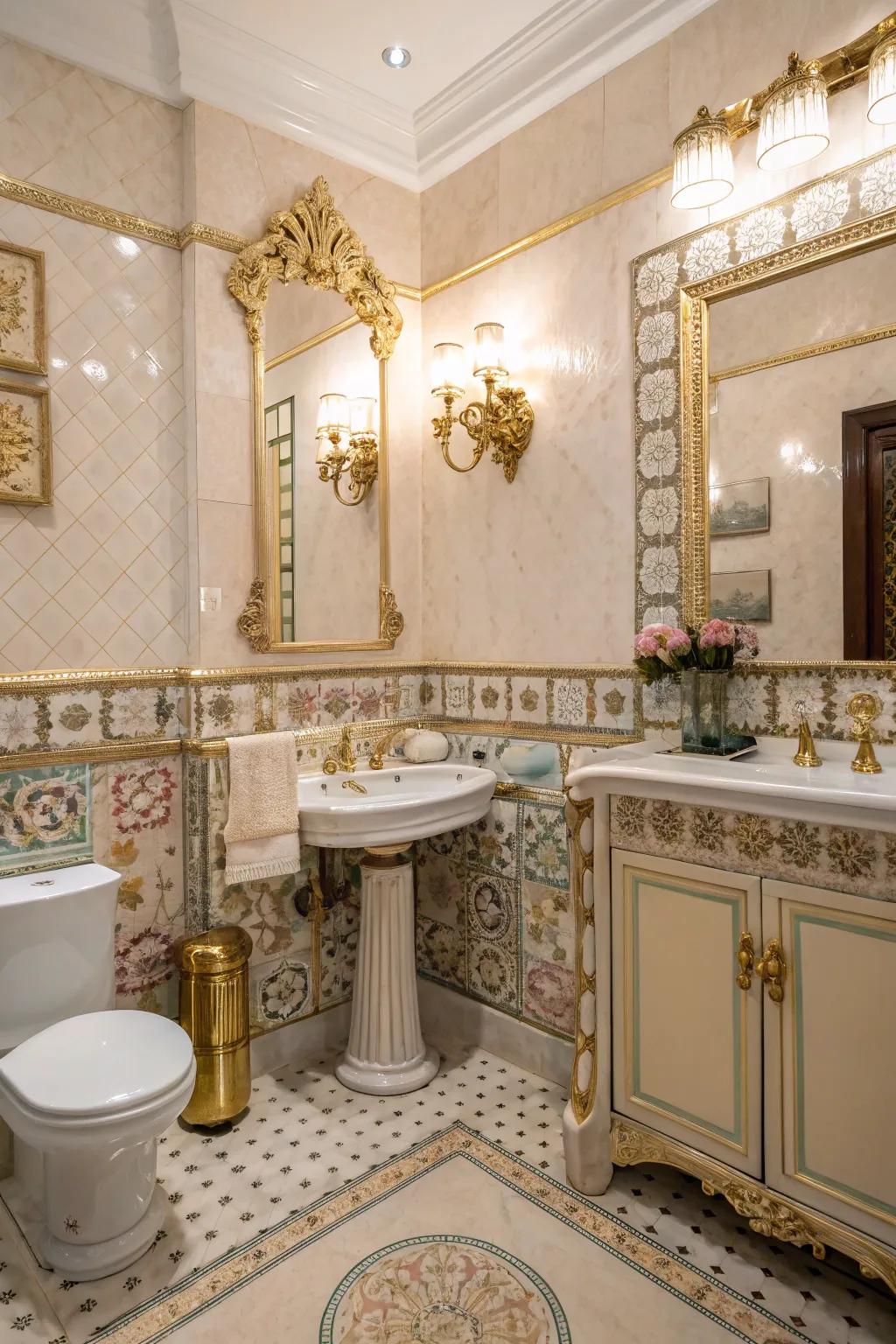 A visual embodiment of timeless elegance achieved by making use of decorated decor and classic tiling configurations.