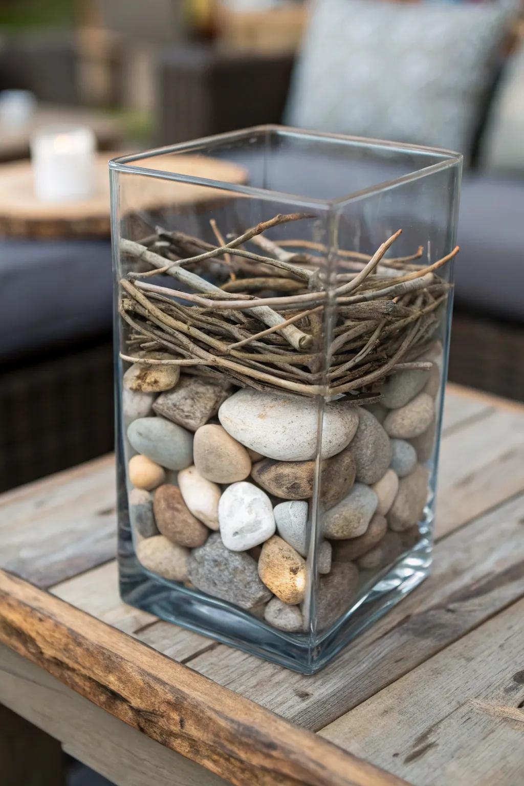 A layered and textured branch and boulder centerpiece.