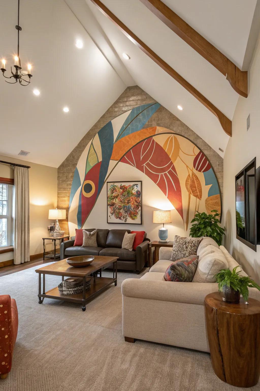 Living room featuring a vaulted ceiling and a non-representational mural accent wall