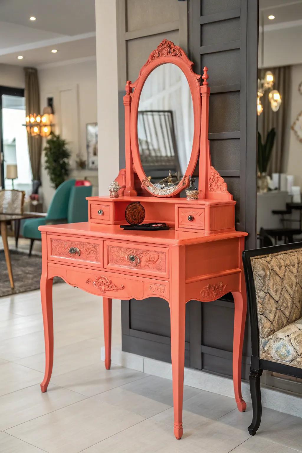 Unanticipated hues can render your antique dressing table a stunning focal segment.