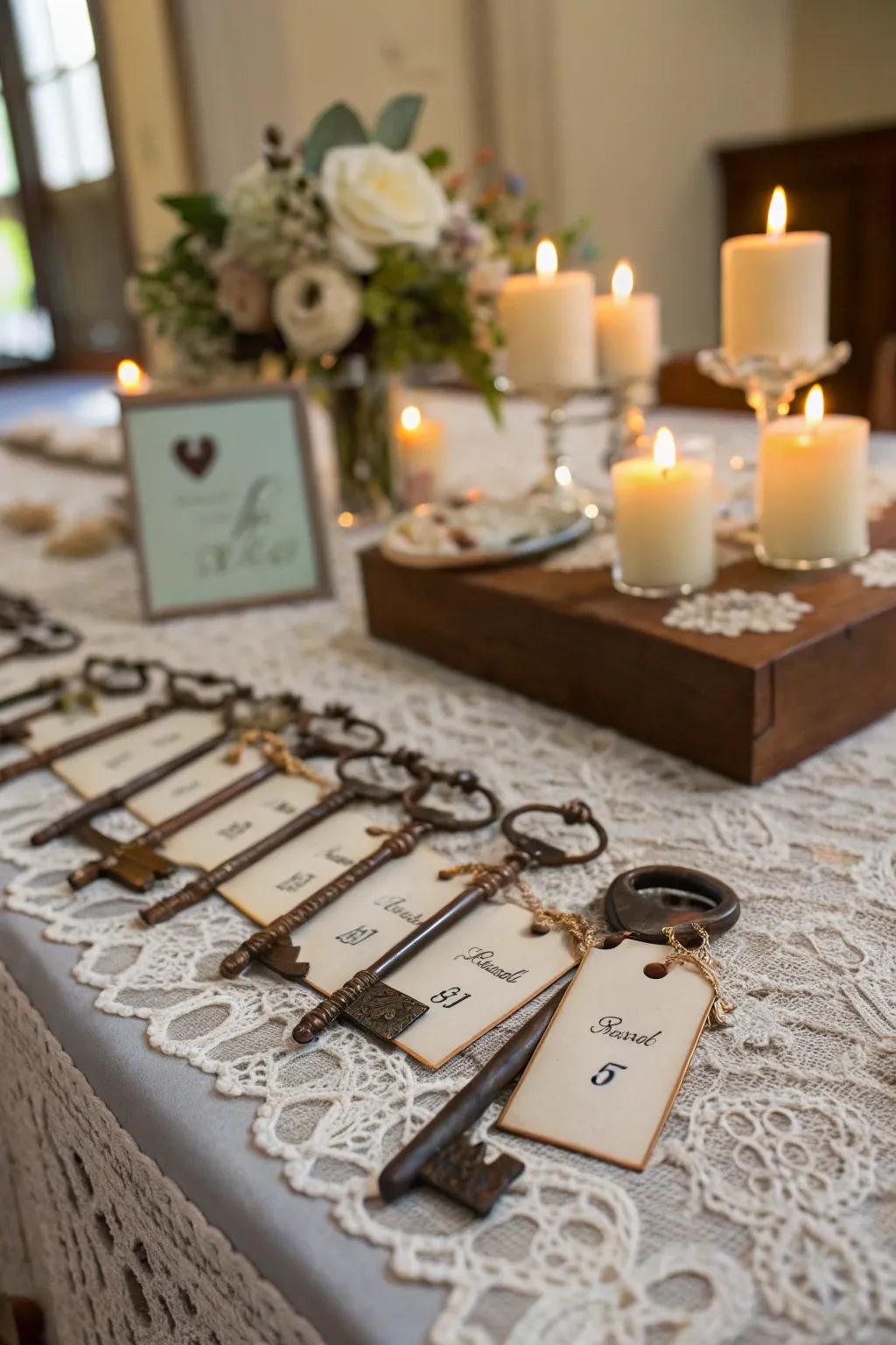 Age-old keys creatively used as routing passes at a wedding.