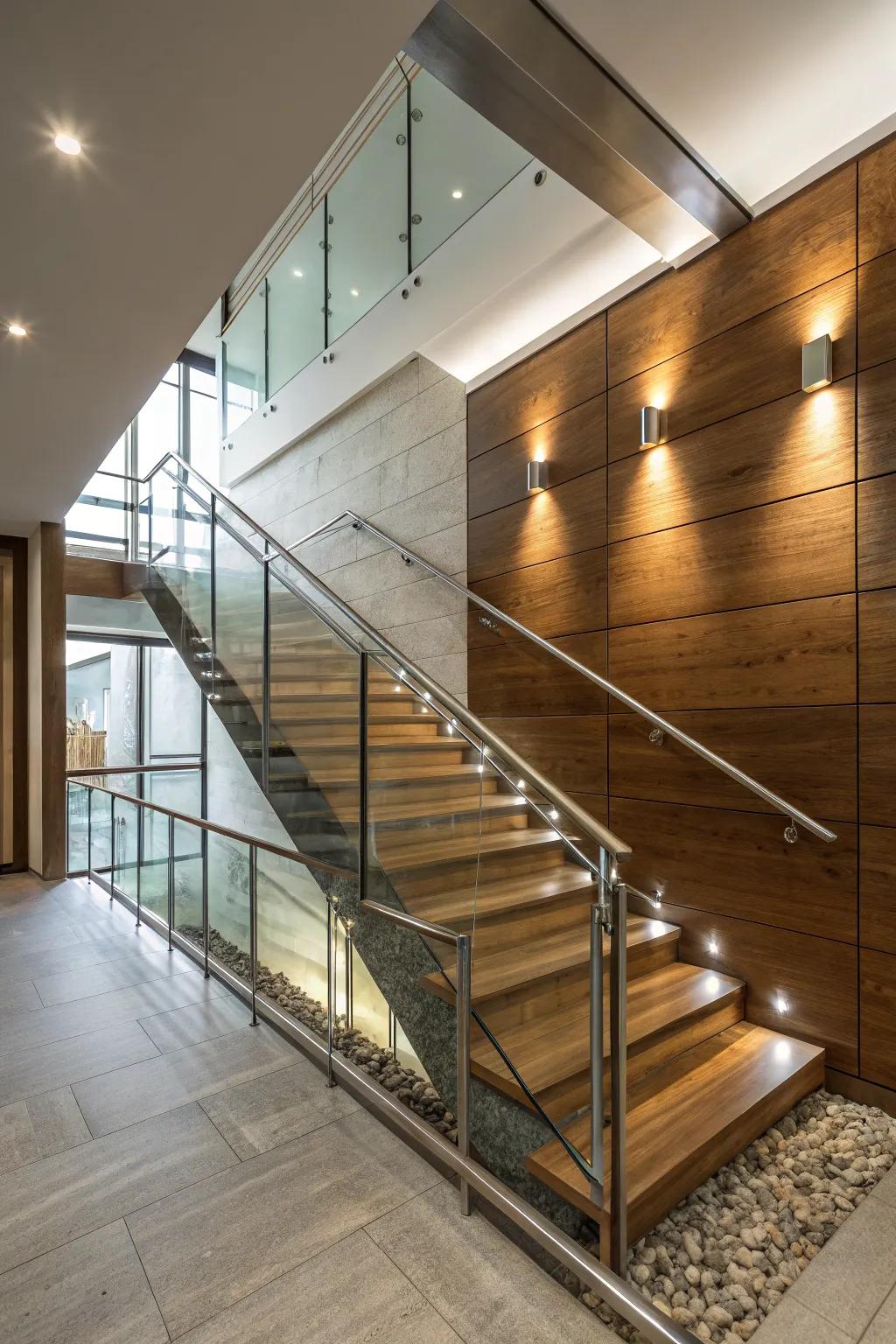 Mixed materials possess the capacity to infuse magnitude plus contrast into your staircase wall.