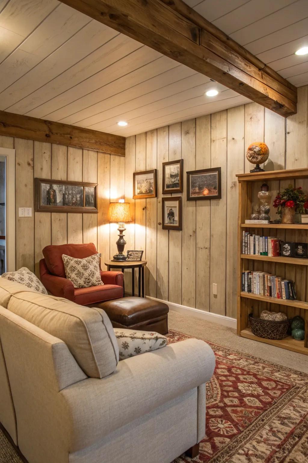 Painted wood paneling contributes rustic allure to a family space.