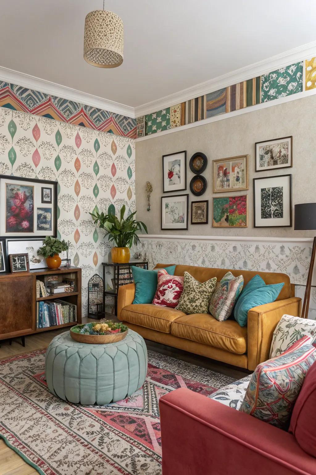 A fusion living space with an intermingled design wallpaper border mirroring personal style.
