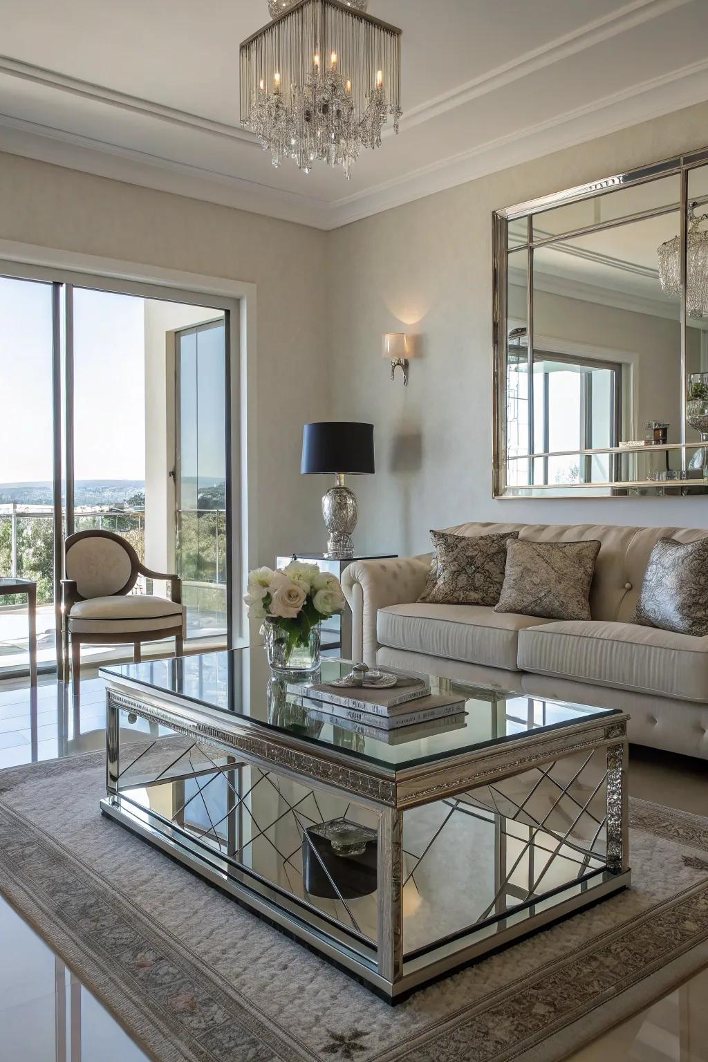 Reflective plains render a living room larger and brighter.