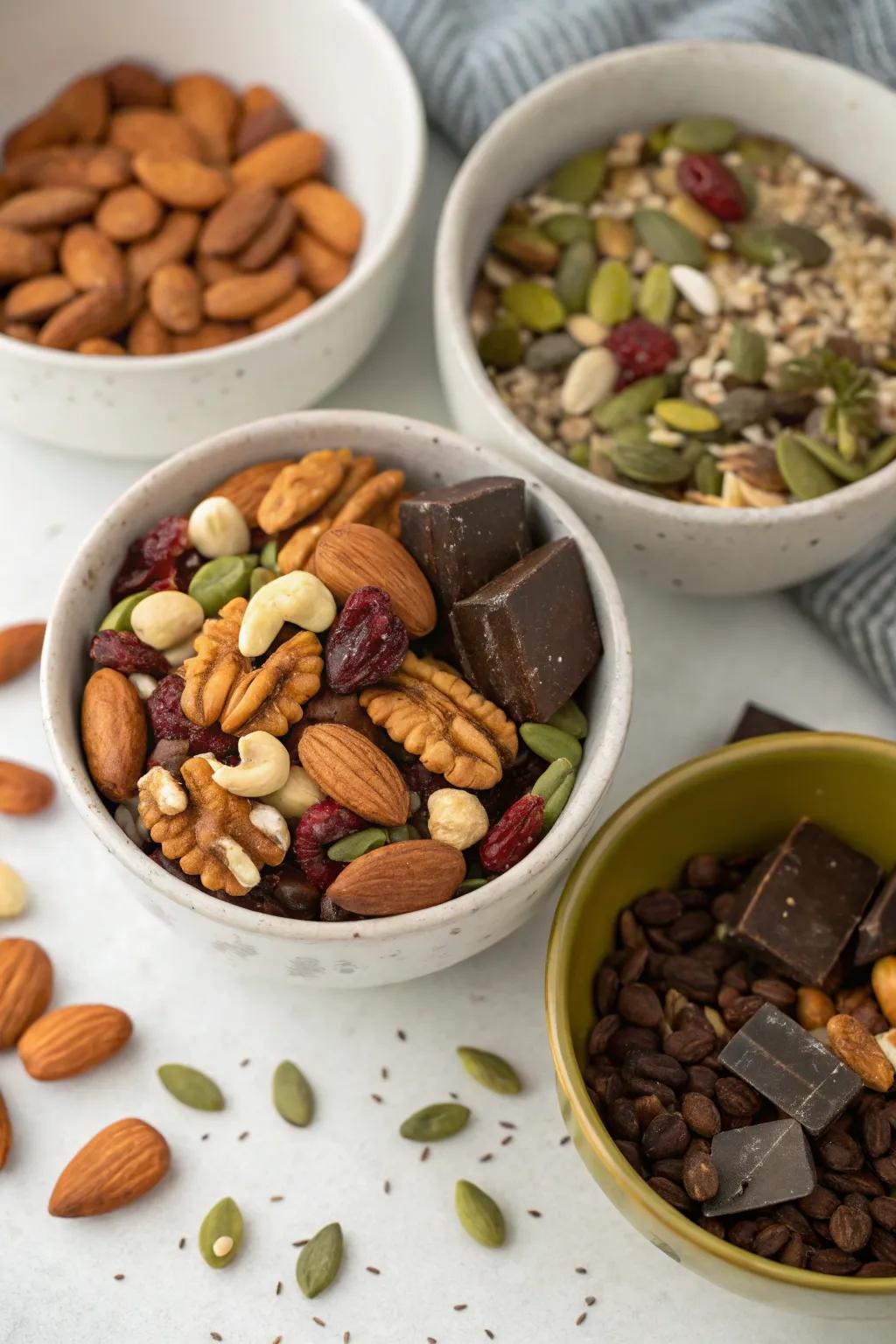 An amalgamation featuring nuts, select seeds, and chocolate creating a trail blend experience.
