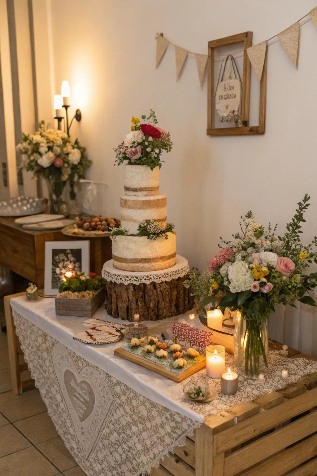 A DIY-decorated wedding cake table with personal, handmade touches.
