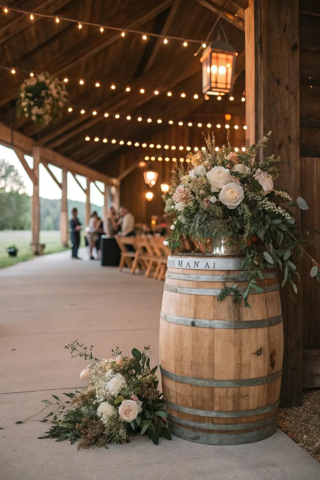 Rough-hewn nuptial decor with salvaged liquor cask and romantic gentle lights.