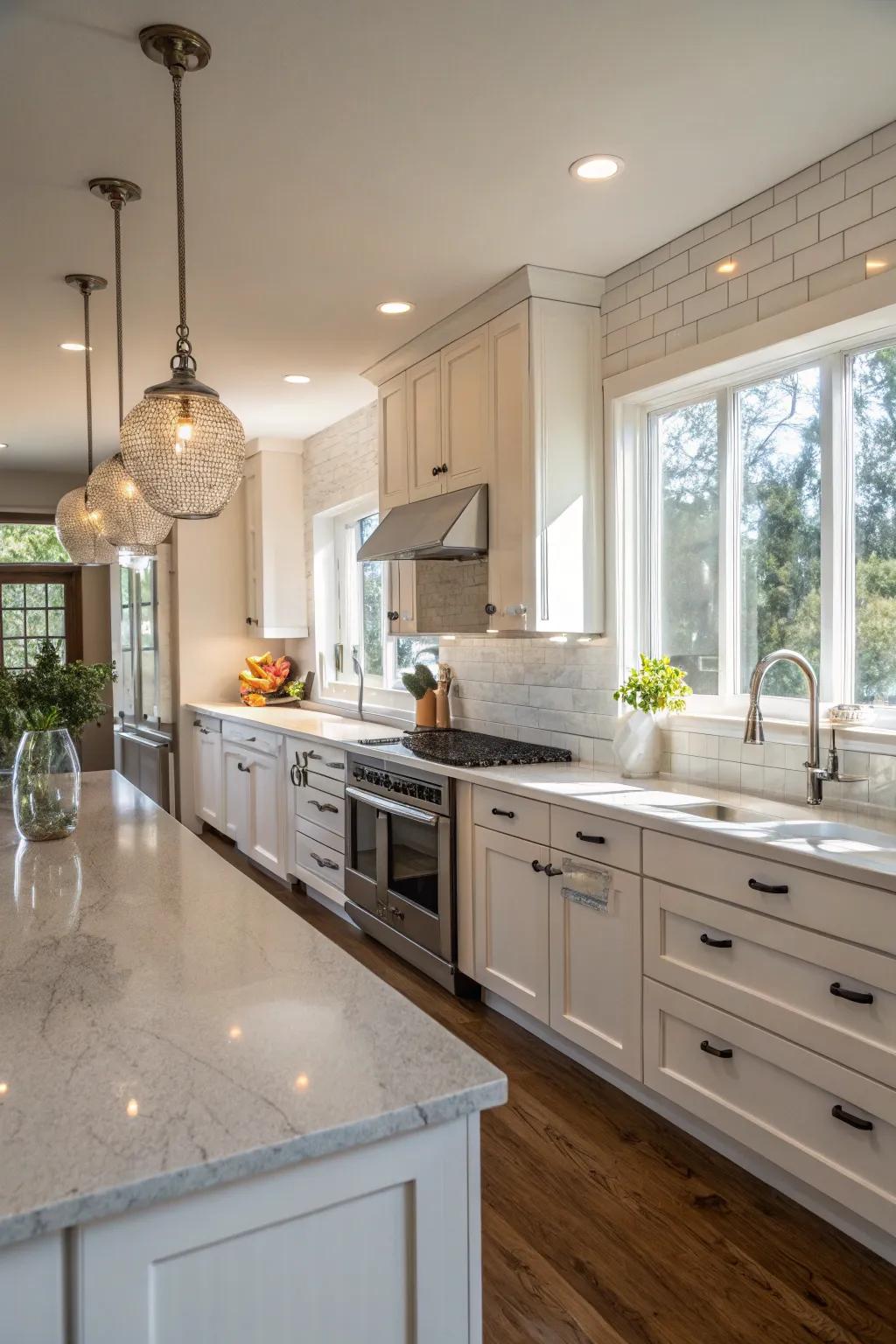 Quartz backsplash beautifully enhanced by solar rays in the kitchen.