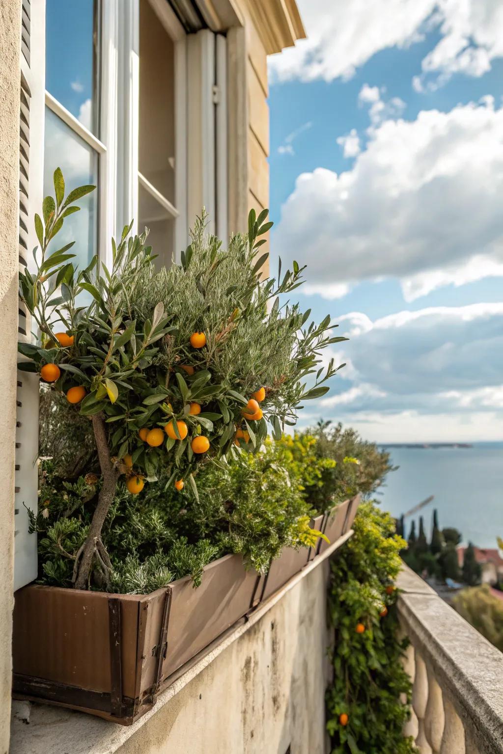 Mediterranean allure with olive and citrus plants.