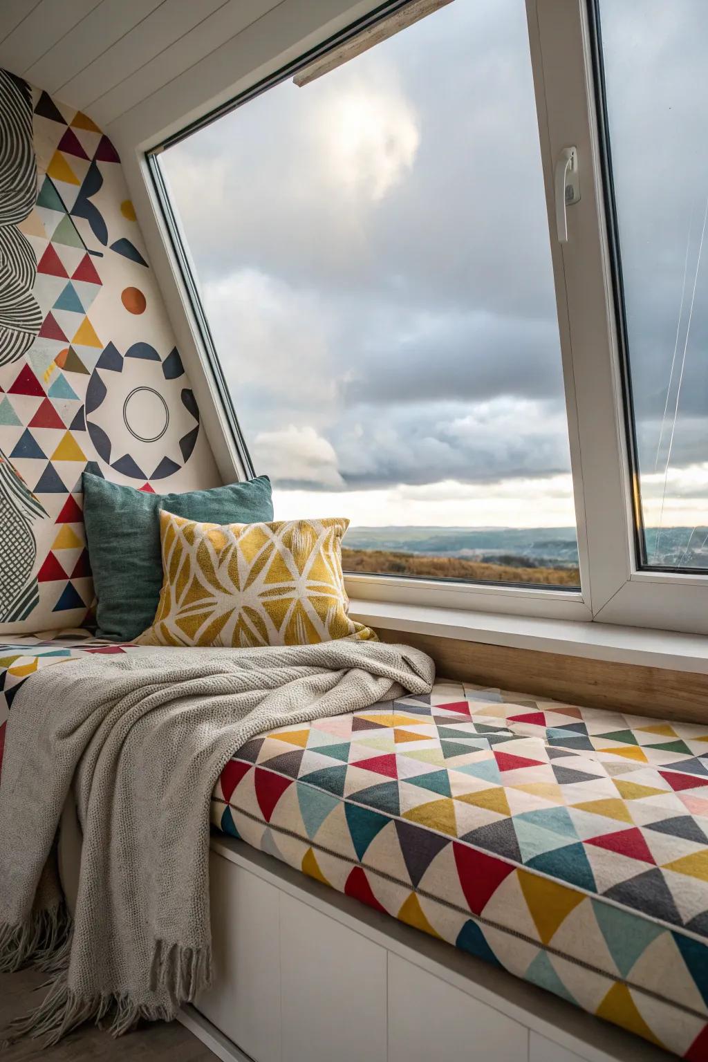 A window seat that has geometric designs.