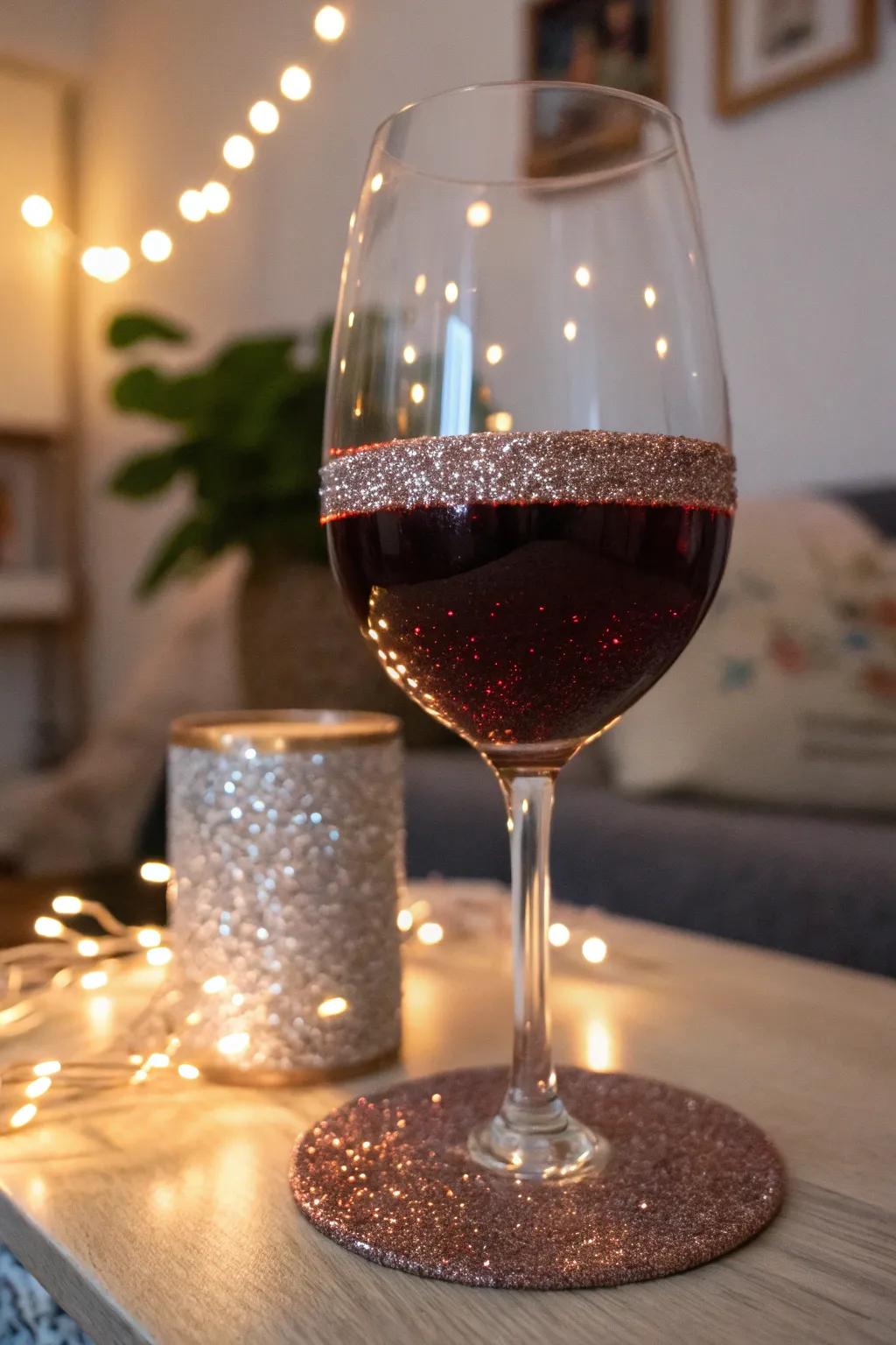 Glitter ornaments infusing your wine glasses with a celebratory radiance.