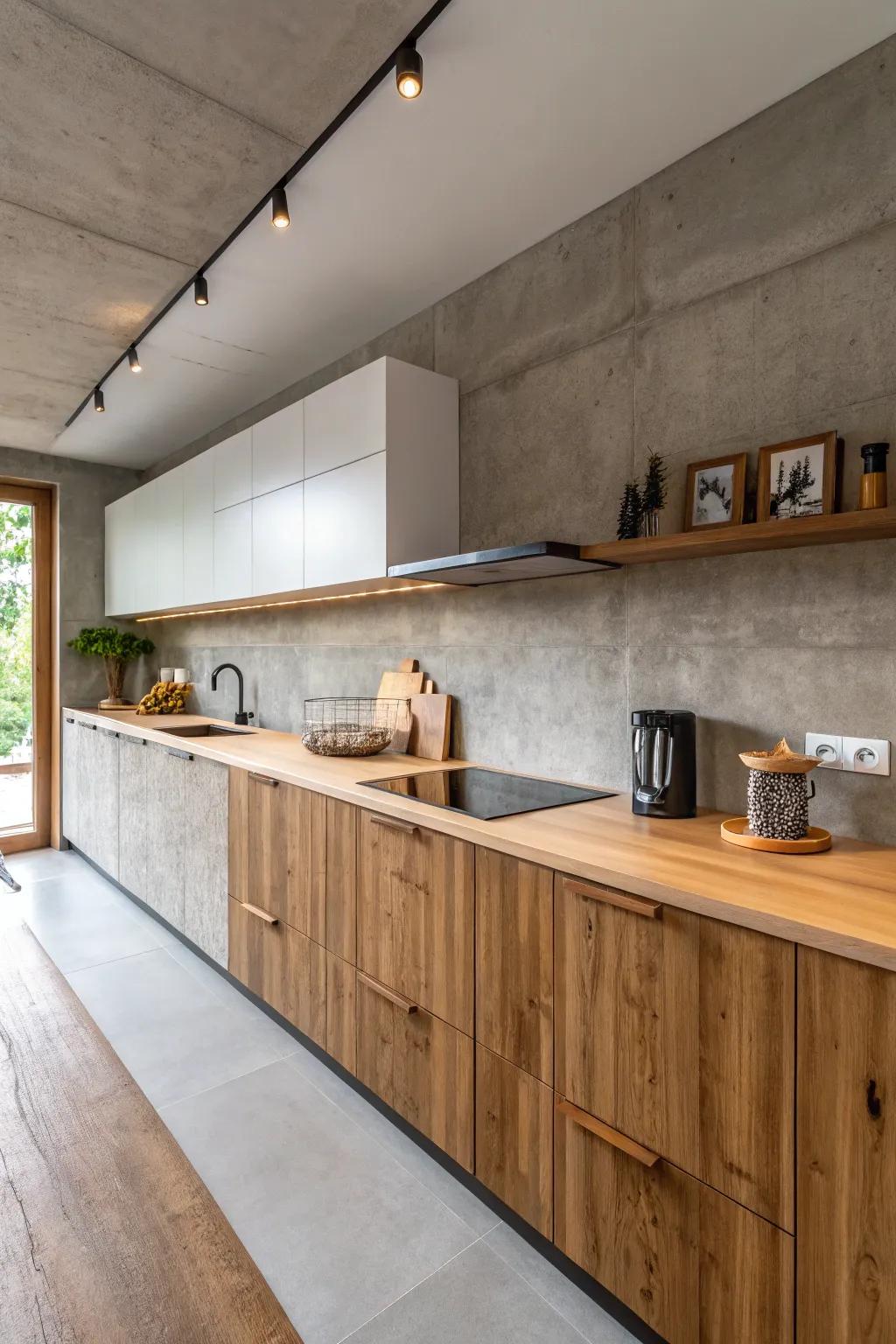 A modern contrast of timber and aggregate in kitchen design.