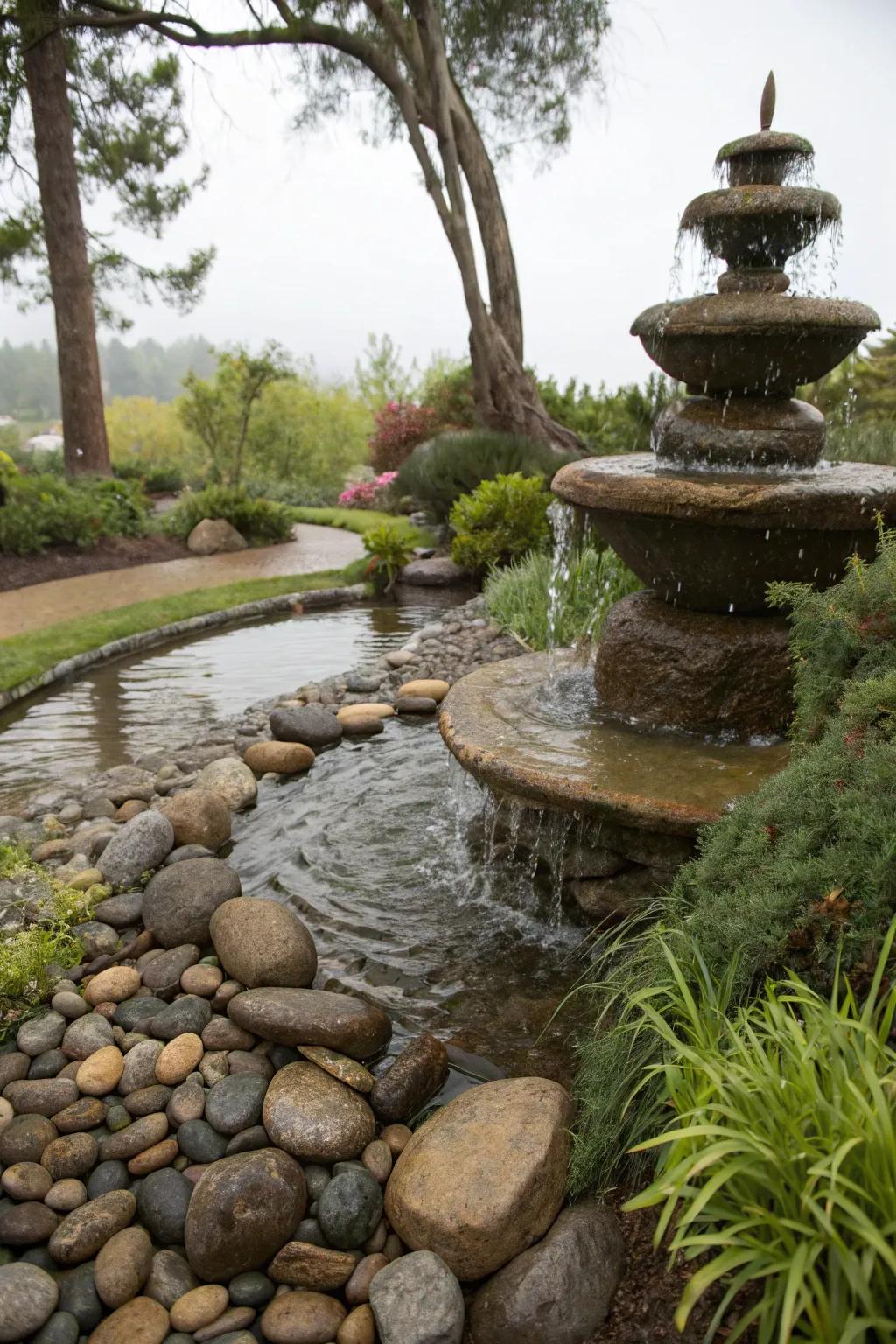 A stone silt cascade fashioning an organic and soothing garden brook.