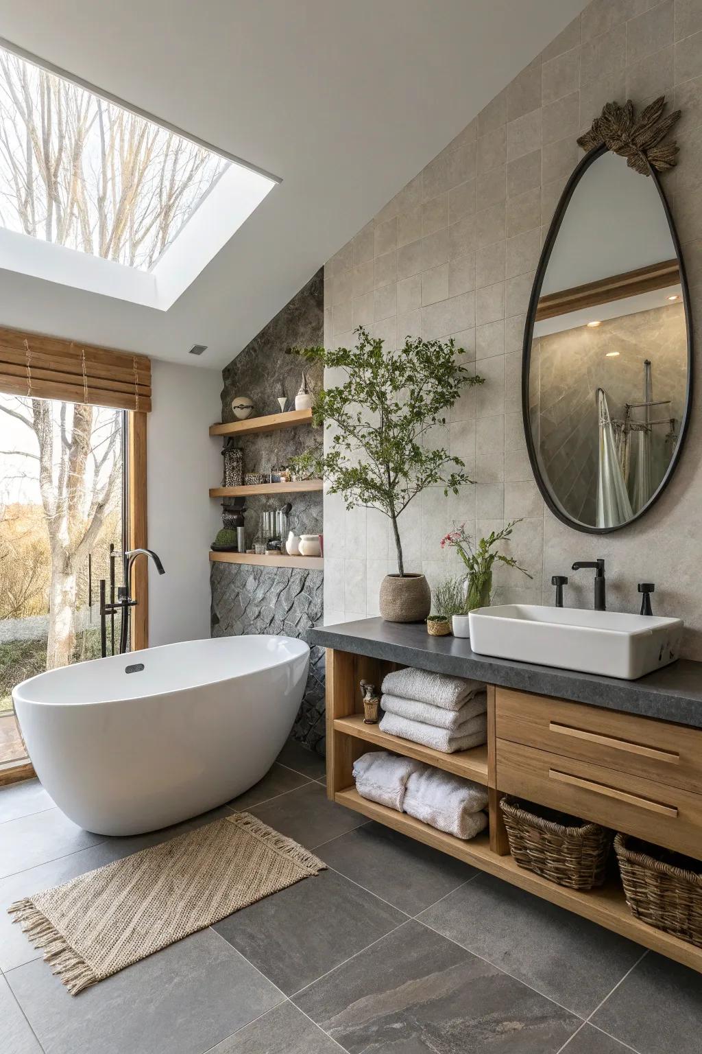 Dissymmetry adds a dynamic and unexpected element to a zen bathroom.
