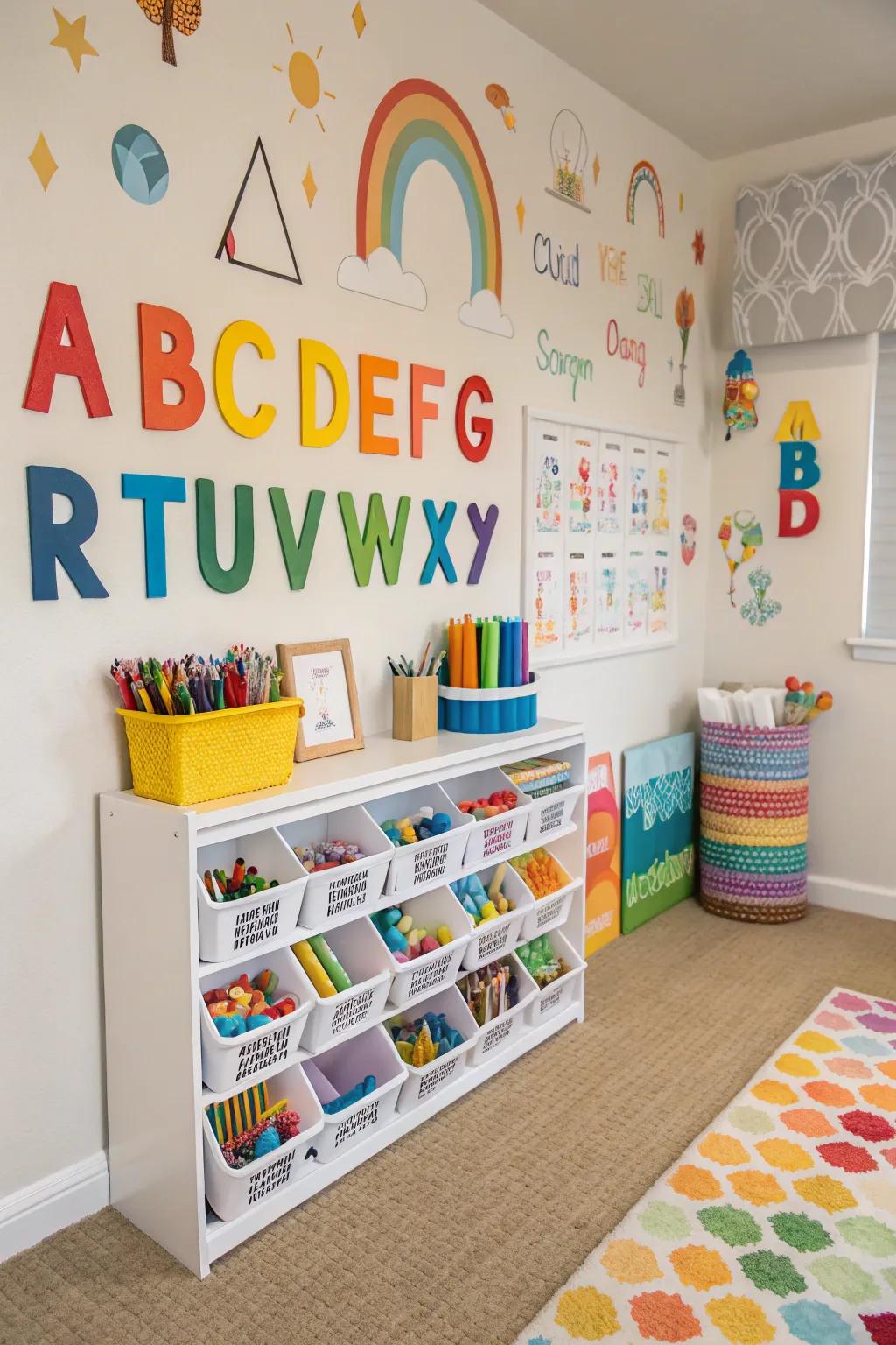 Alphabet wall decor introduces a playful, educational element.