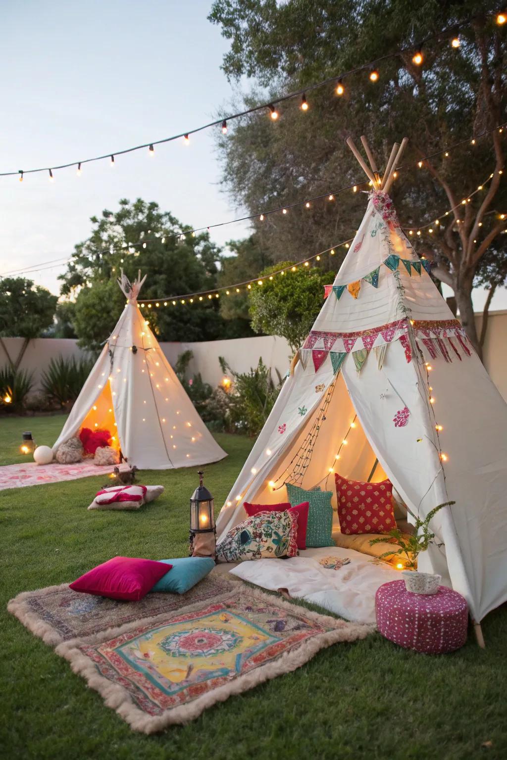 Whimsical canvas shelters cultivating an enchanting party ambiance.