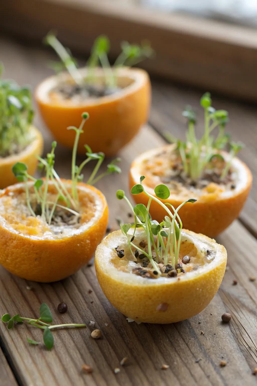 Tangerine shells functioning as sustainable seed starters.