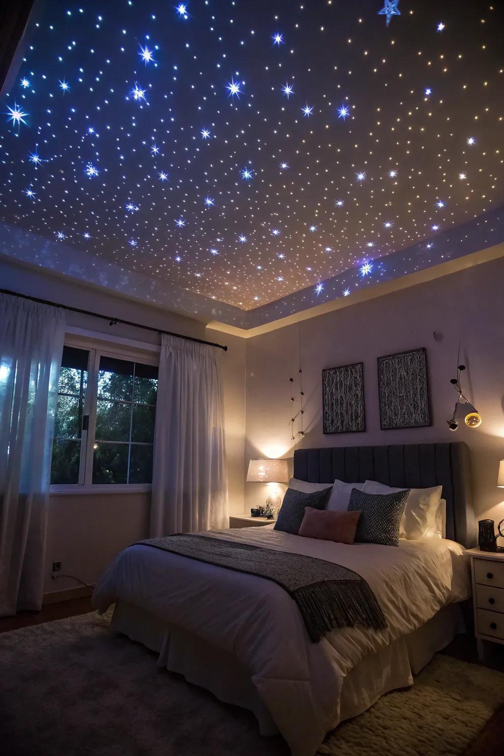 A cosmic-inspired chamber adorned with stellar projection lights, fabricating a serene nocturnal vista.
