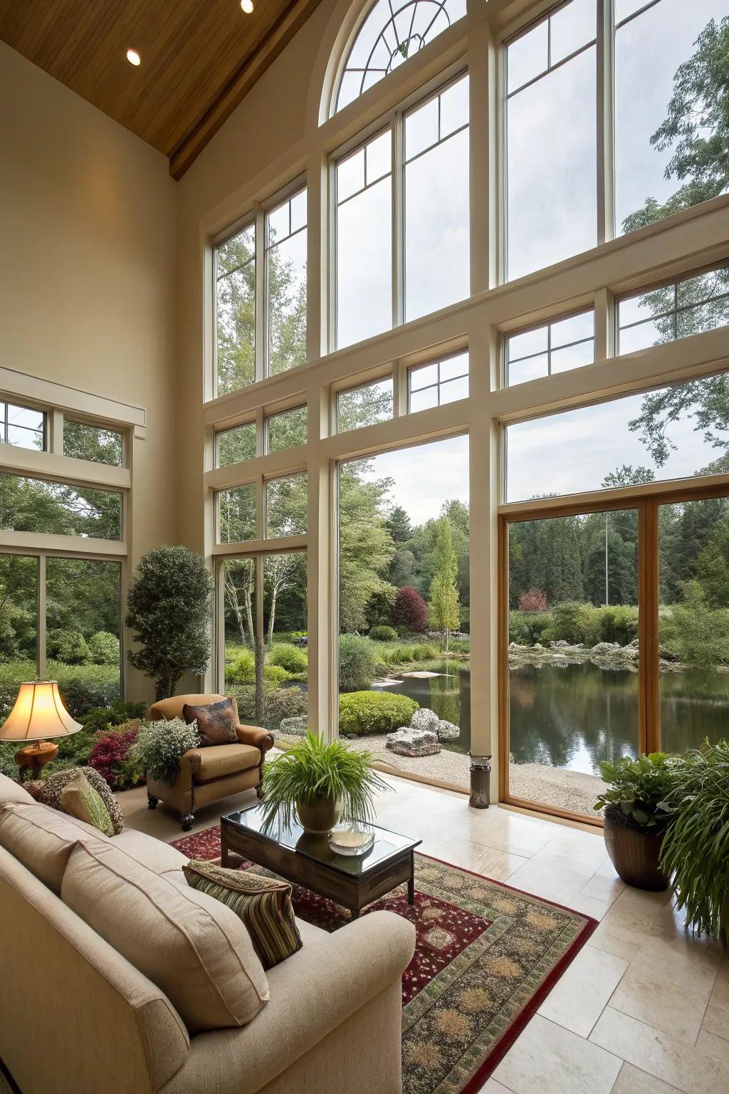 Full-height windows amplify the spacious feel and the bond with the natural world.