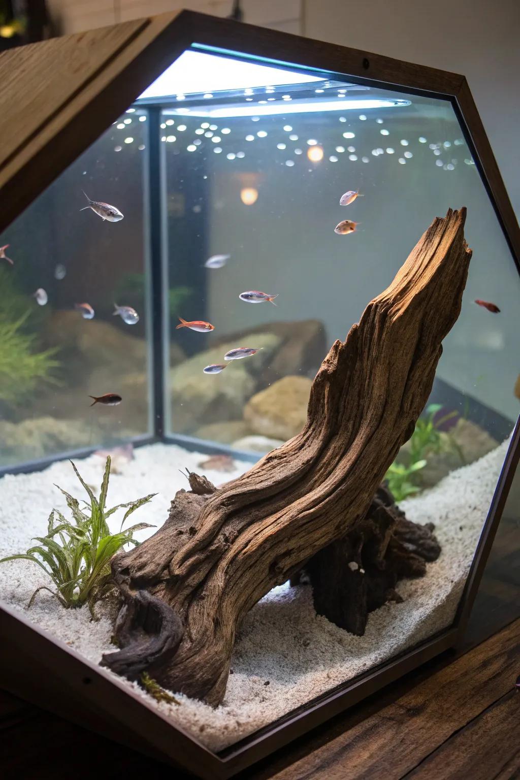 Driftwood introduces a rustic allure and serves as a focal point.