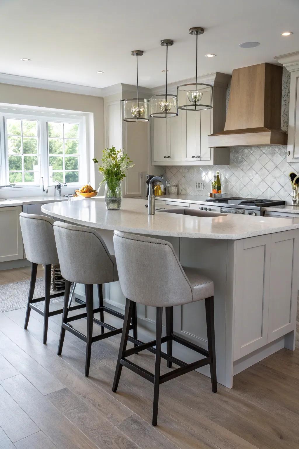 Relaxed seating enriches the sociability of a kitchen featuring a 45-degree angled island.