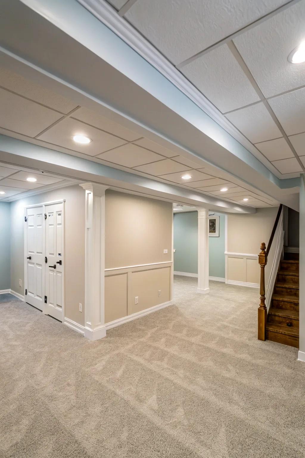 Light shades can visually increase the height of your basement ceiling.