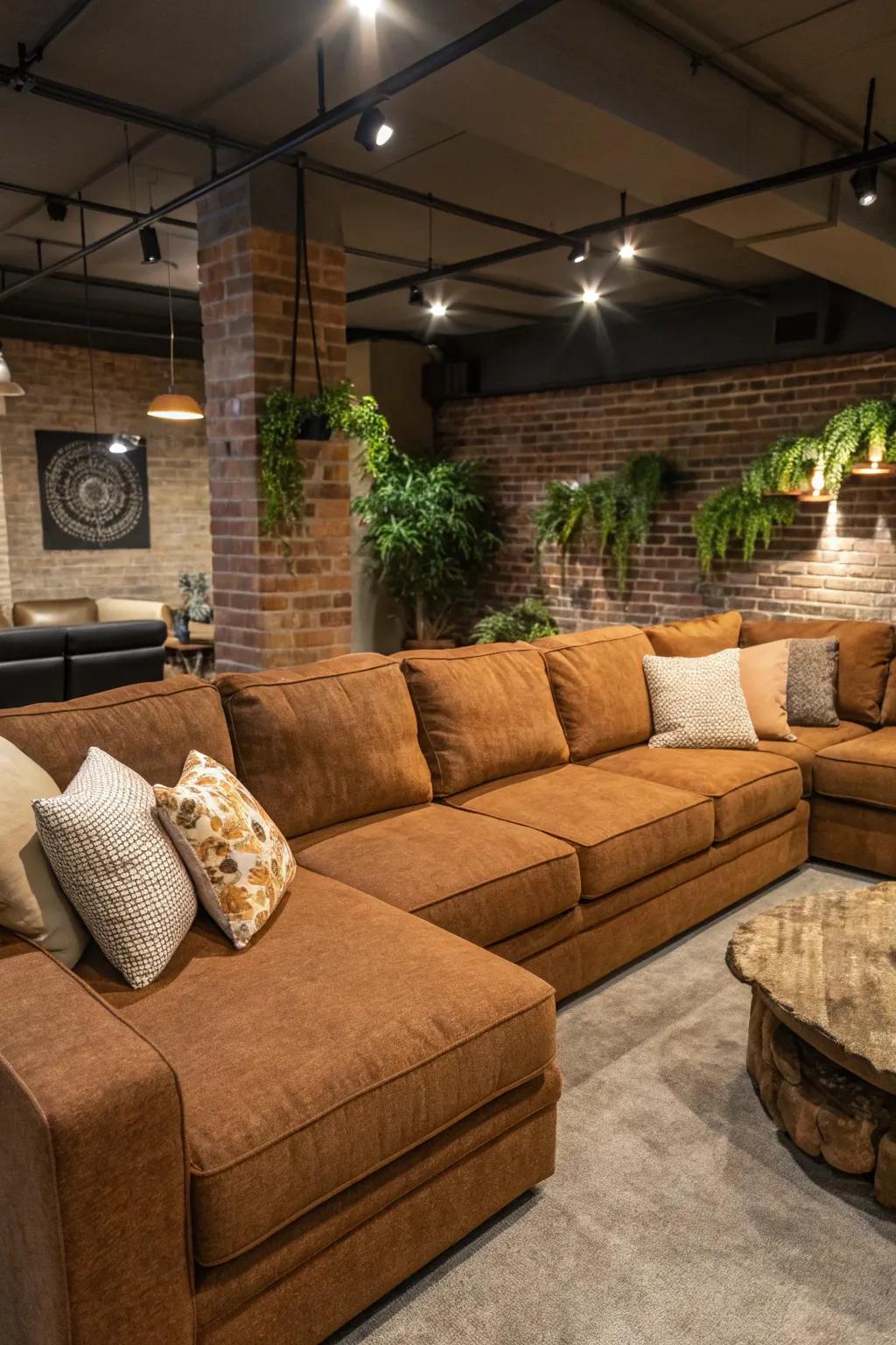 Natural tones result in an inviting seating space reminiscent of the 70s.