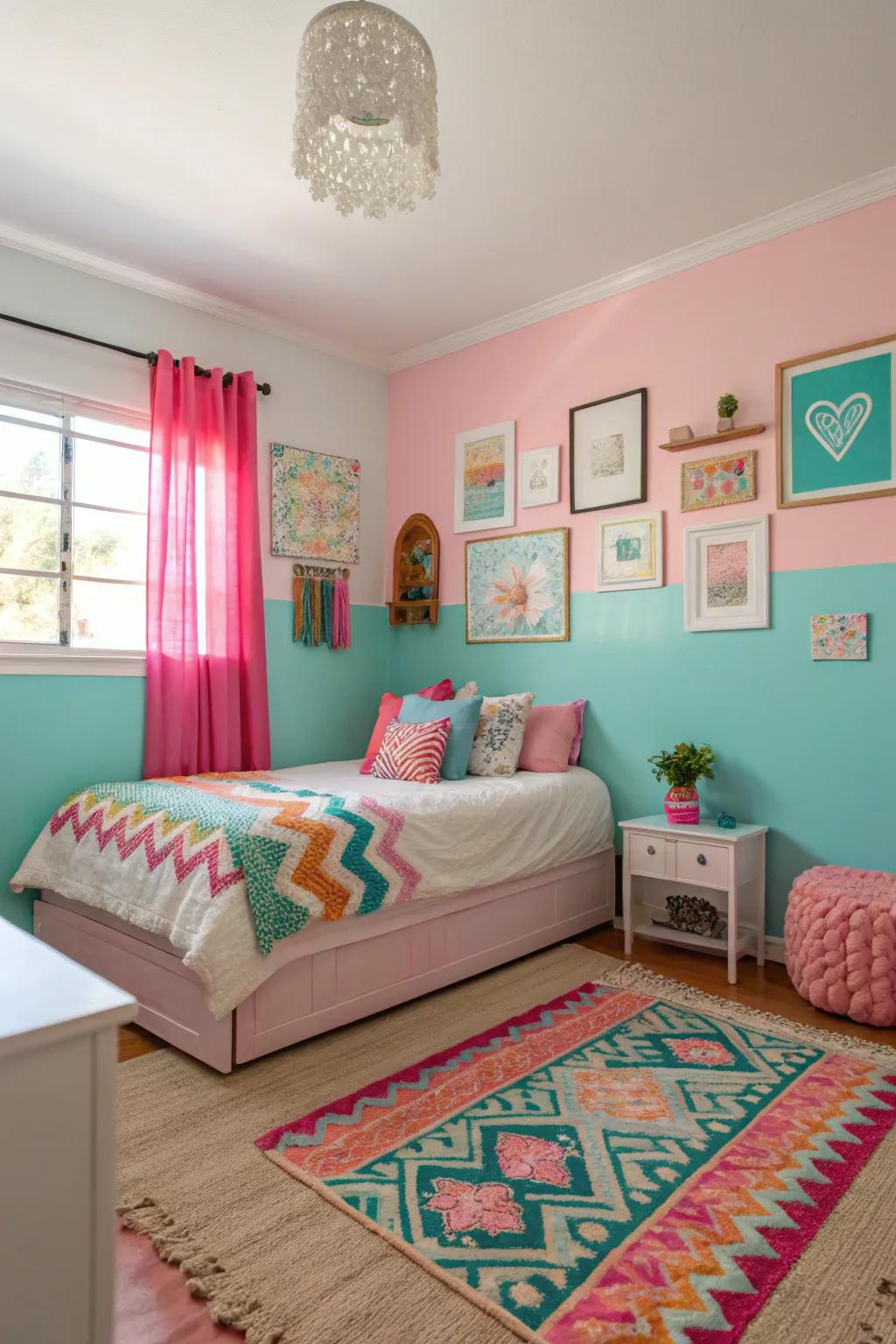 Radiant pastel hues infuse vibrancy and cheerfulness into the room.