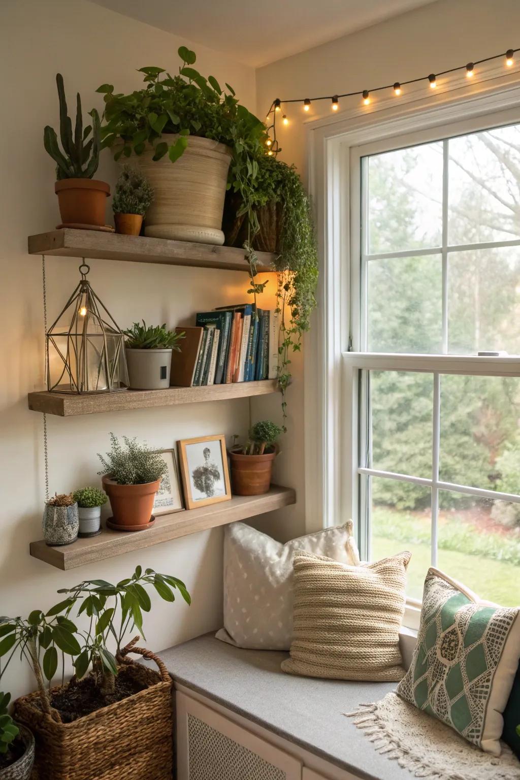 Floating shelving introduces utilitarian aesthetics to windowscapes.