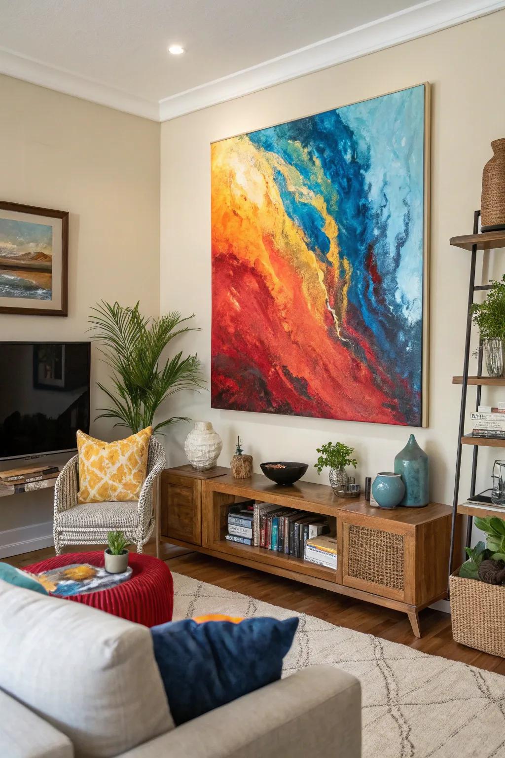 A vibrant explosion of hues revitalizes this living room.