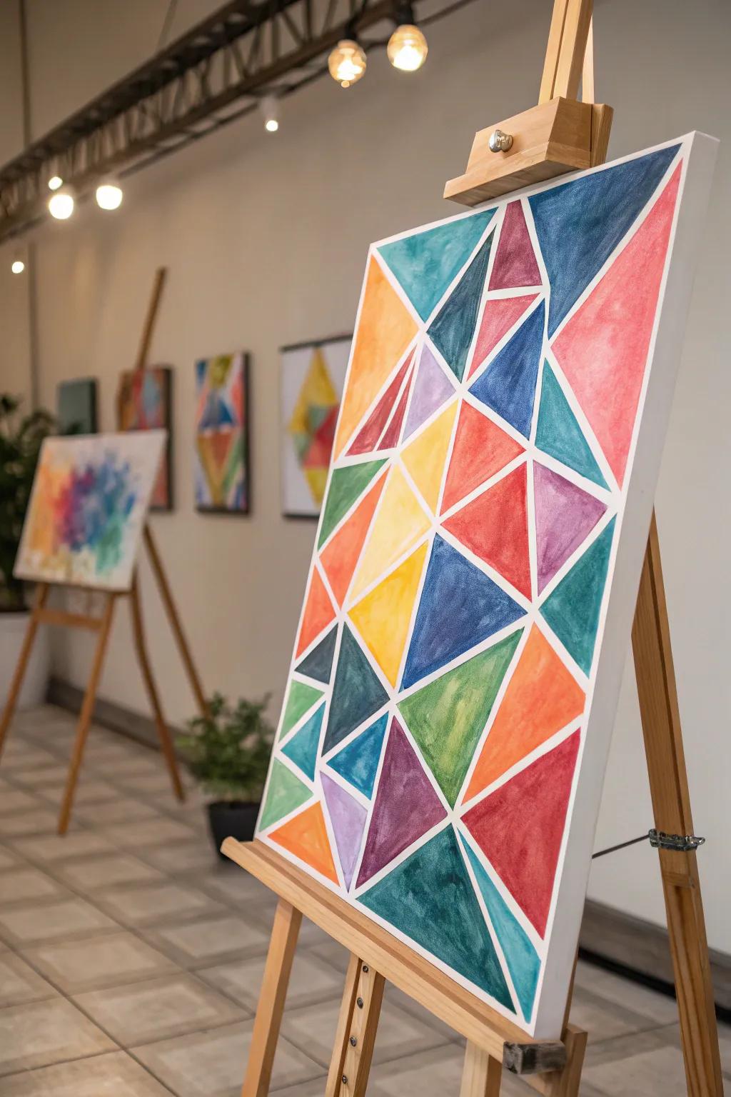 A vibrant abstract watercolor with geometric shapes.