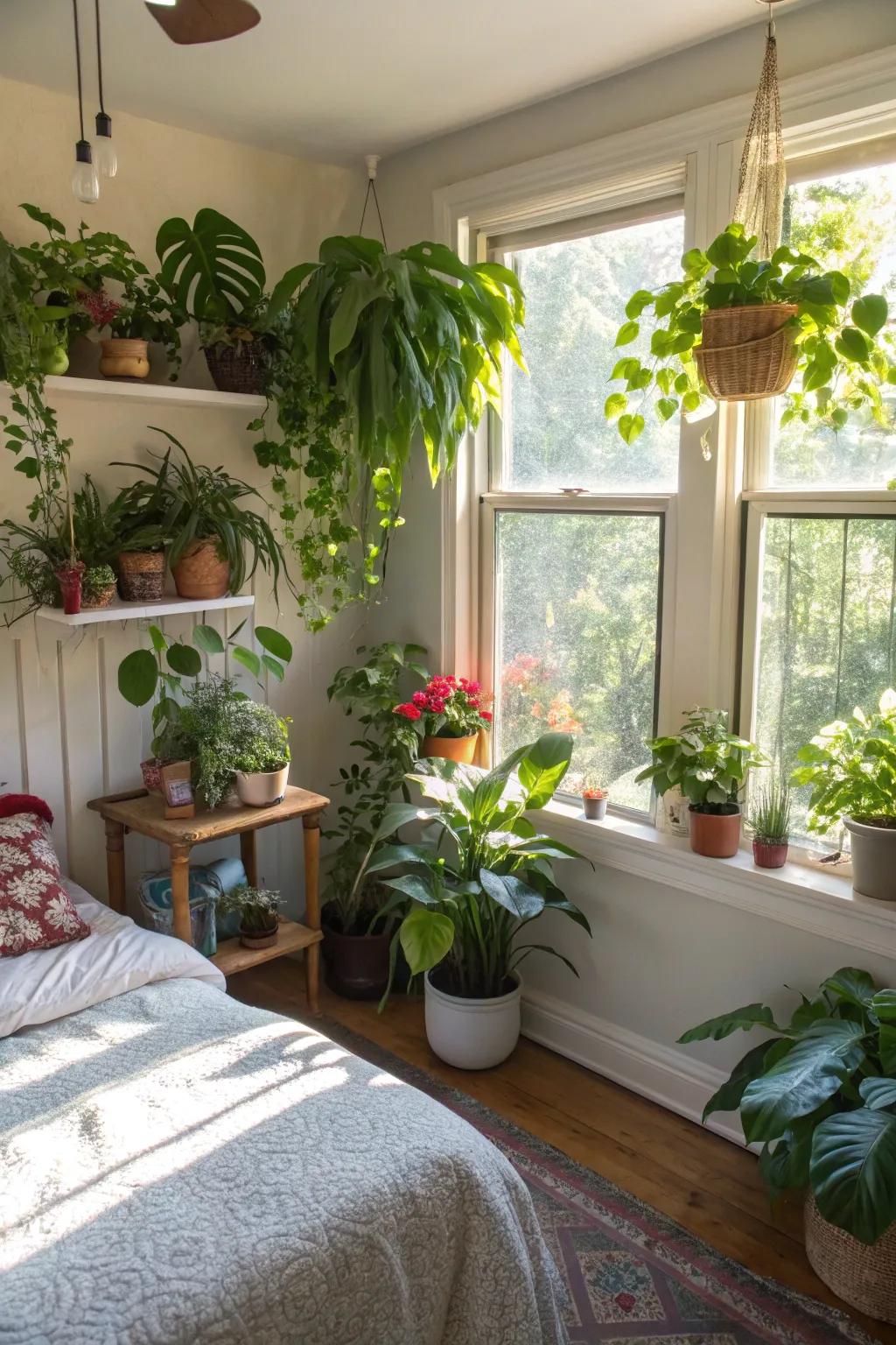 Abundant flora infuses the bedroom with nature's essence.