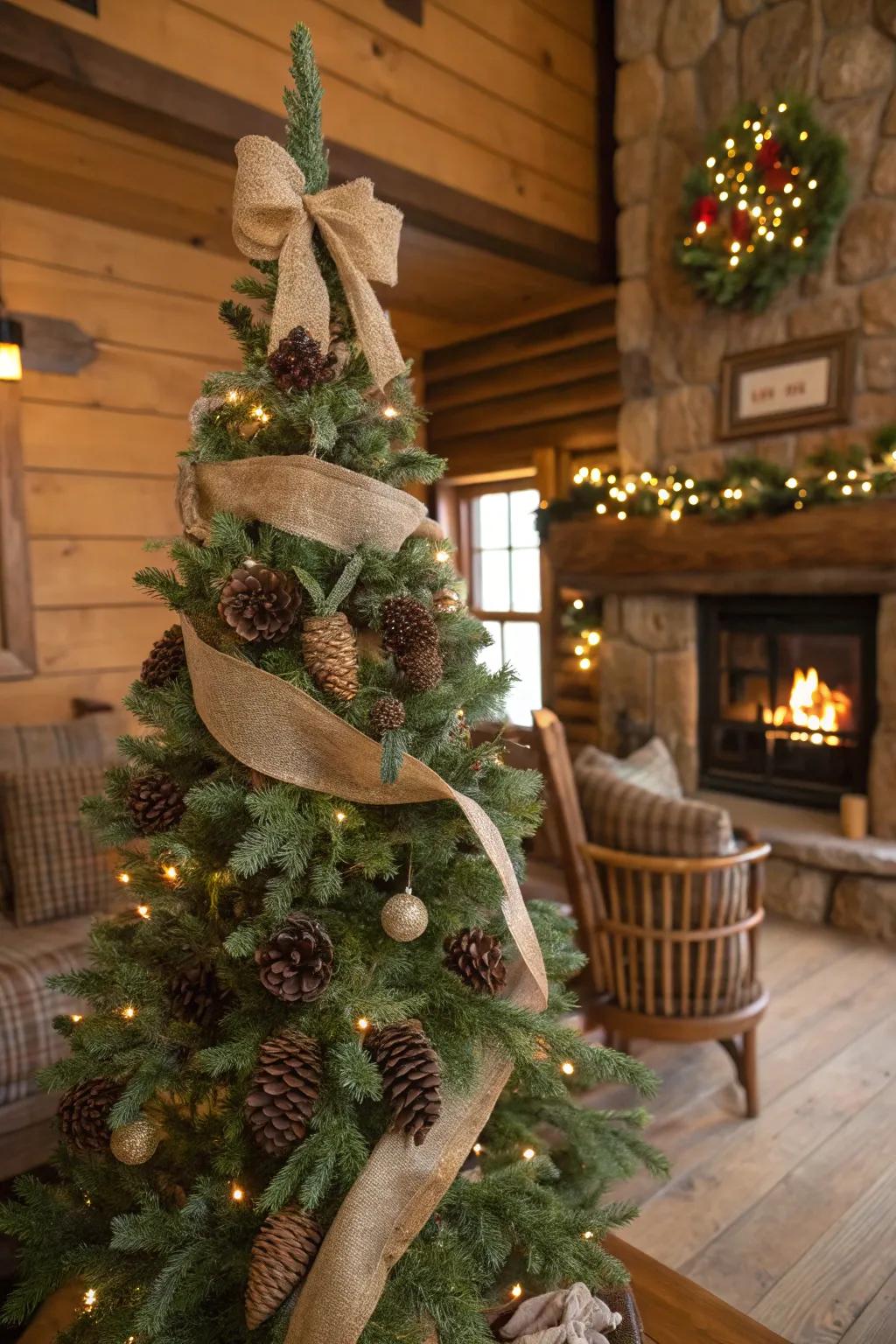 A country-style Christmas tree embellished with raw materials, creating an intimate cabin-like atmosphere.
