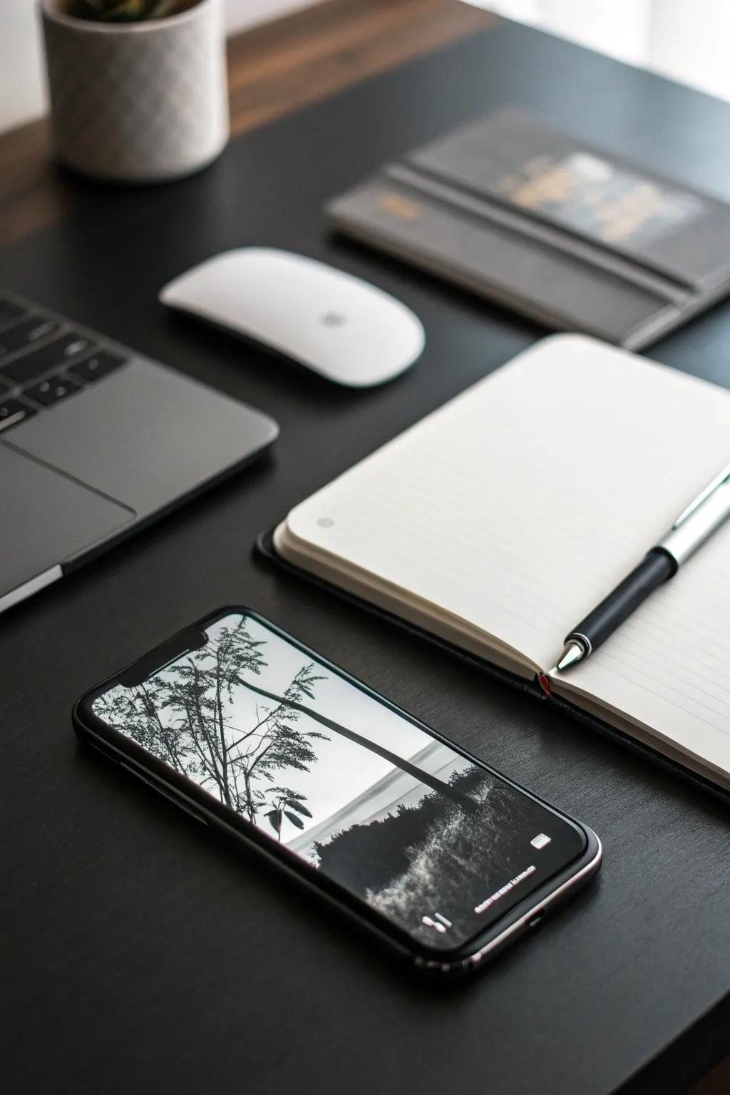 Achieve minimalist sophistication through a monochrome-themed home screen.