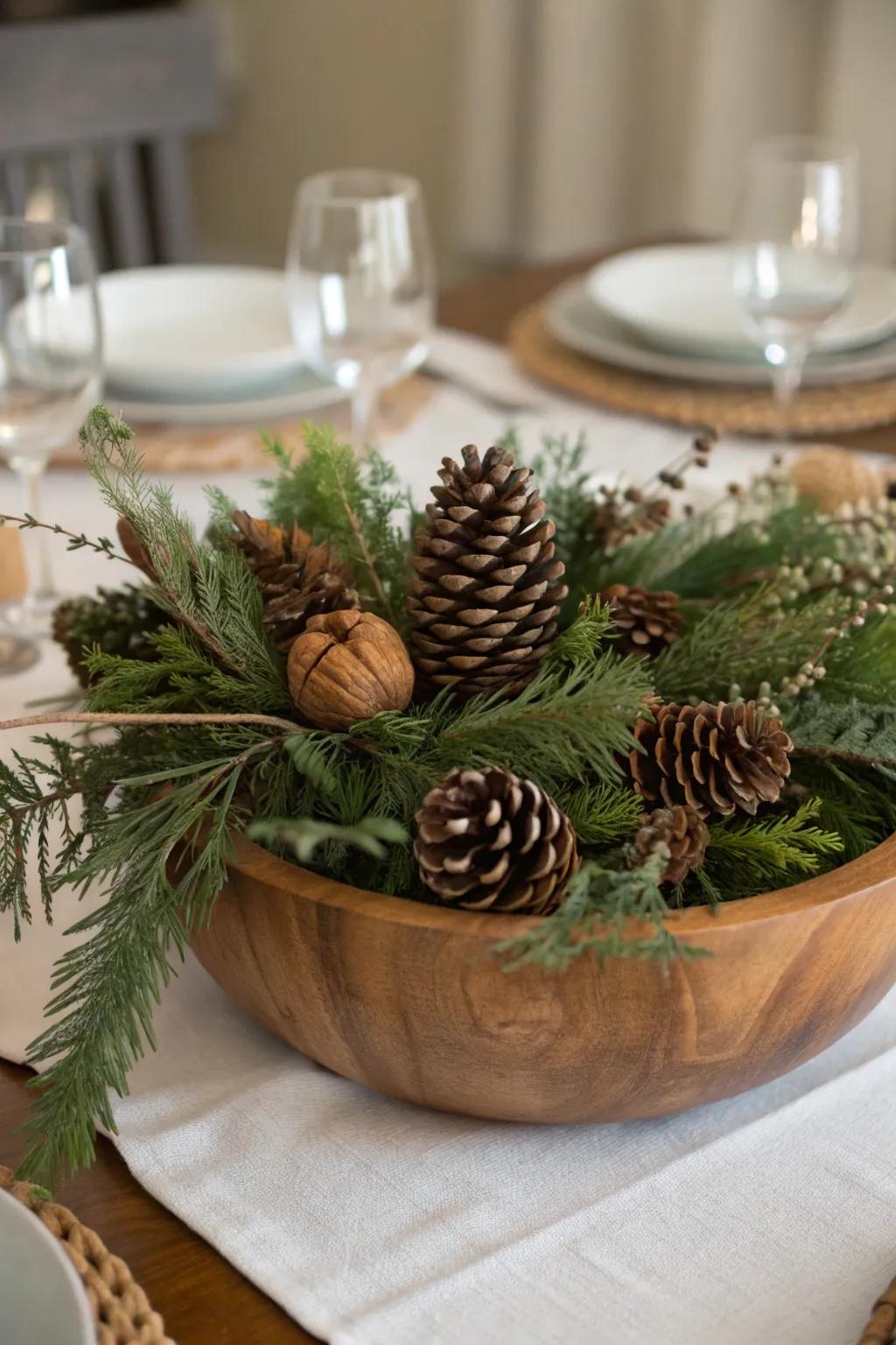A genuine winter focal point incorporating evergreen and conifer cones