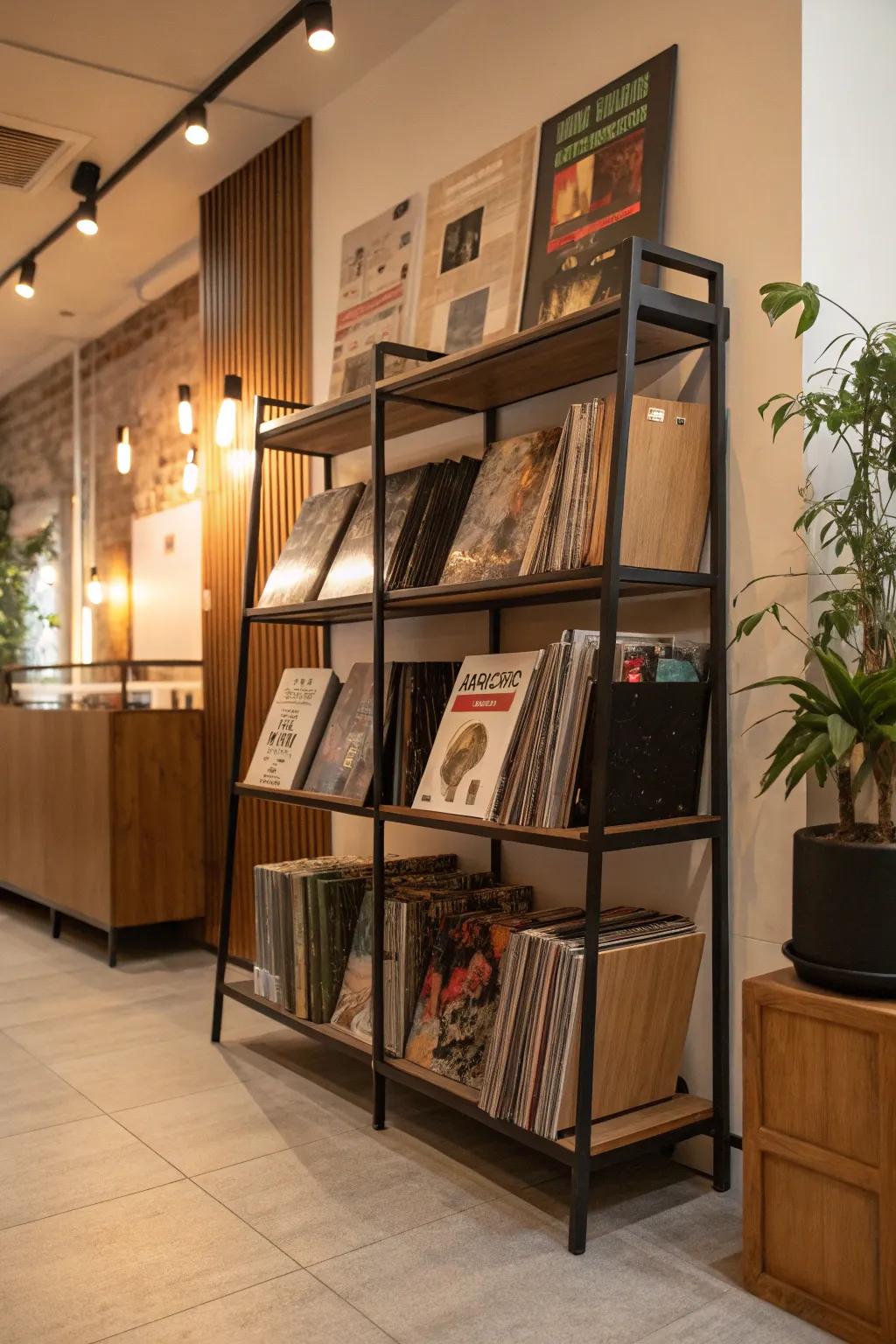 A refined multi-level storage rack for arranging vinyl records and books with style.