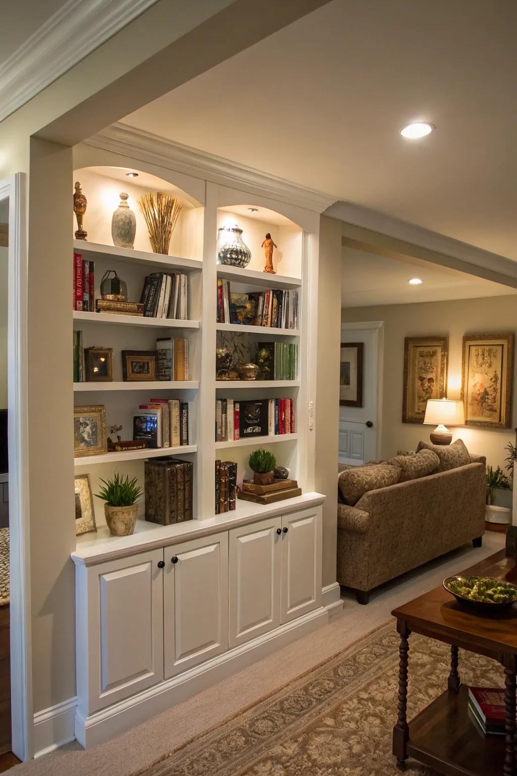 Built-in shelves add both function and elegance.