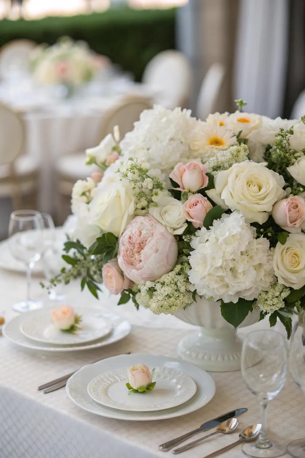 Abundant white floral displays impart an air of sophistication to any celebratory setting.