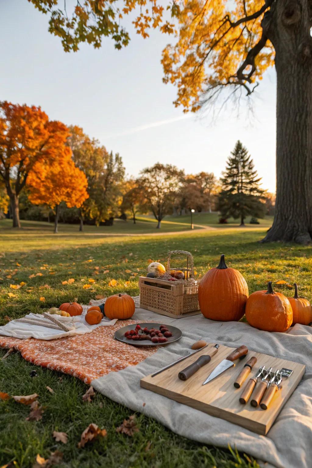 A carefully arranged picnic ideal for a gathering focused on pumpkin carving.