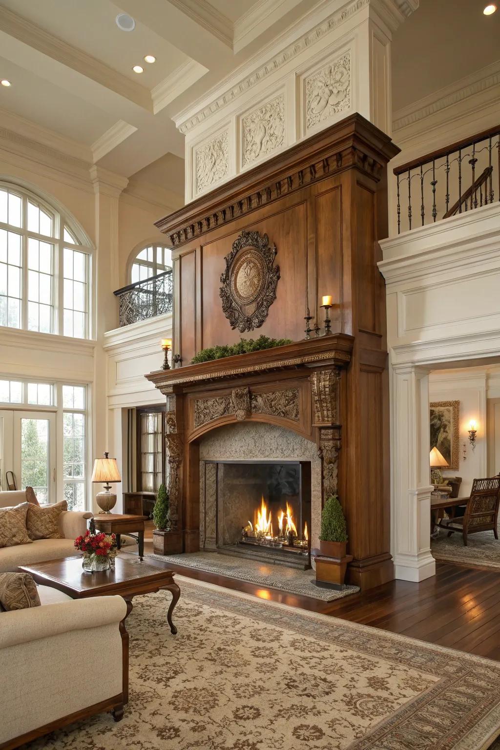 A majestic fireplace serving as a comfortable focal point in a colonial lounge.