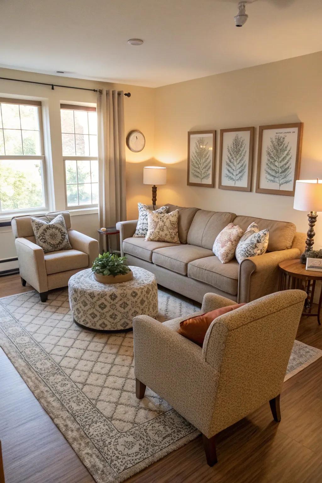 A seating layout designed for conversation in a small living space.