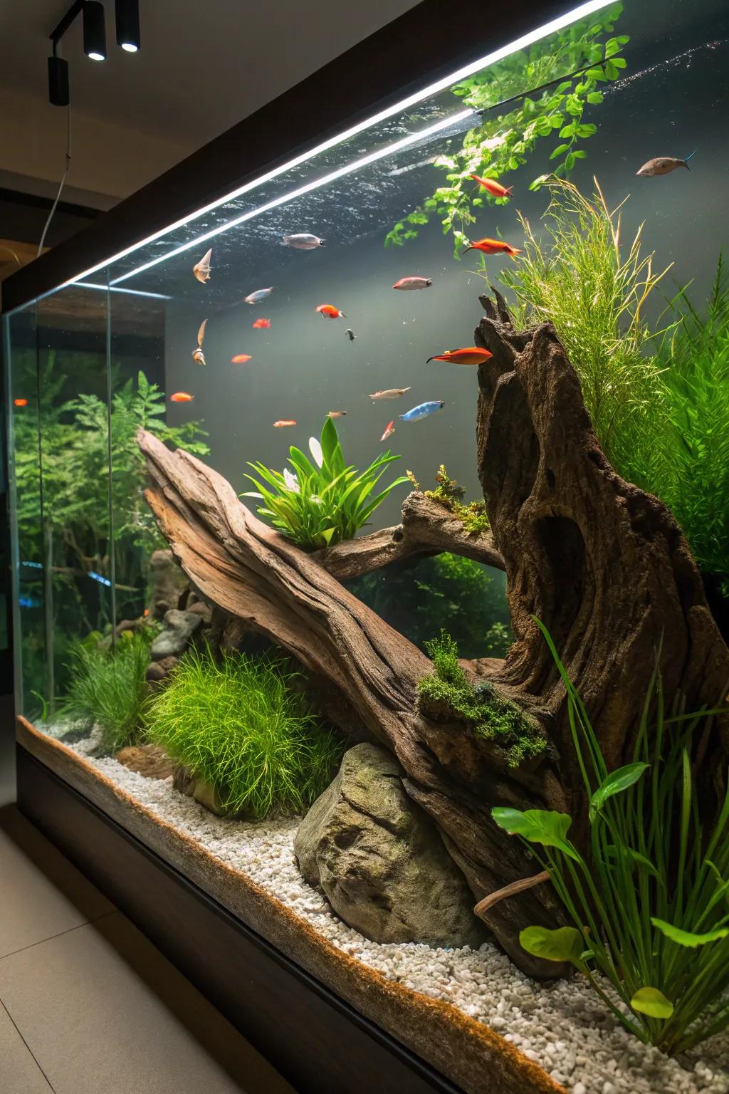 Driftwood adds a rustic, natural element to the tank.