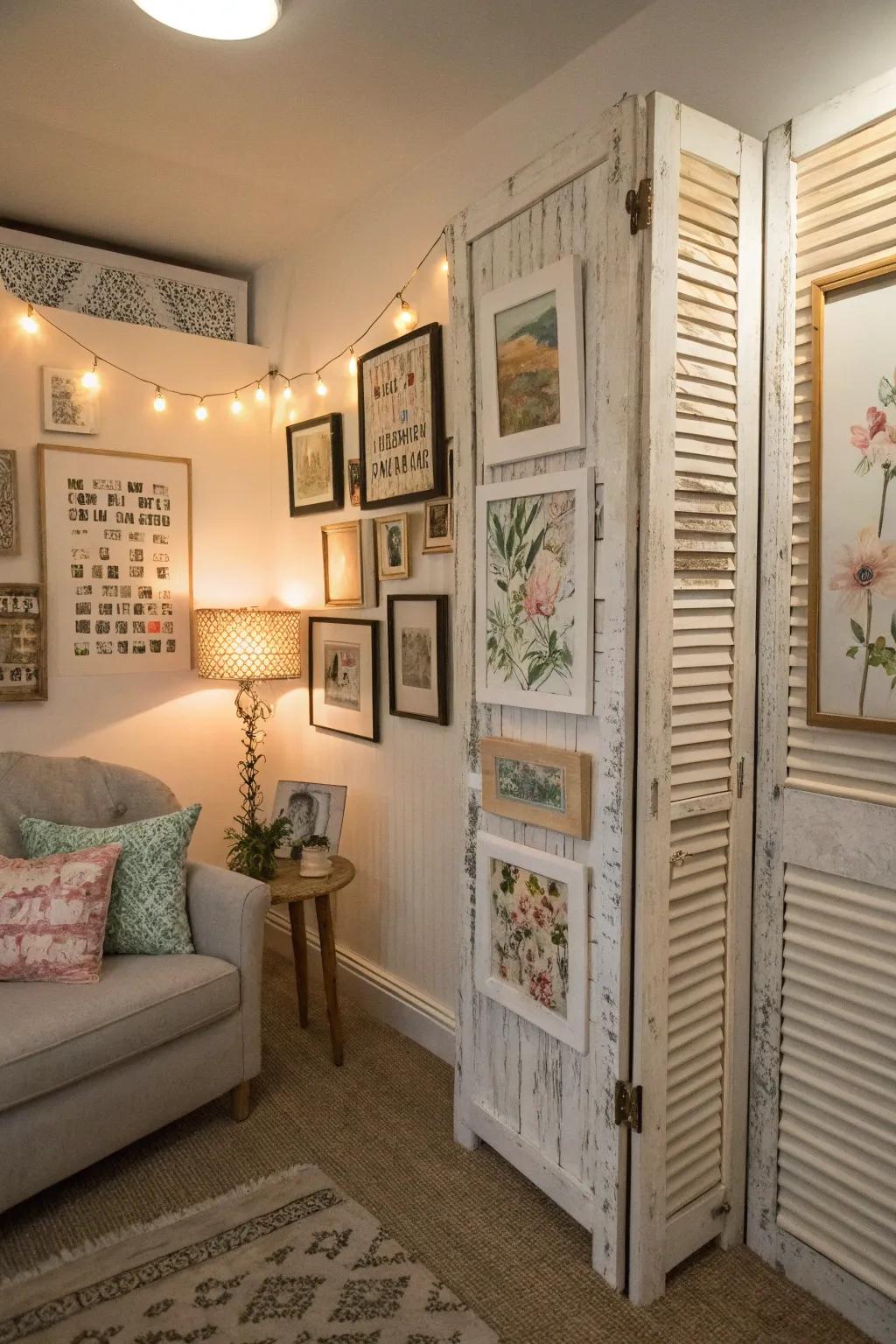 Imaginative art print display using antique shutters in a shabby-chic ambiance.