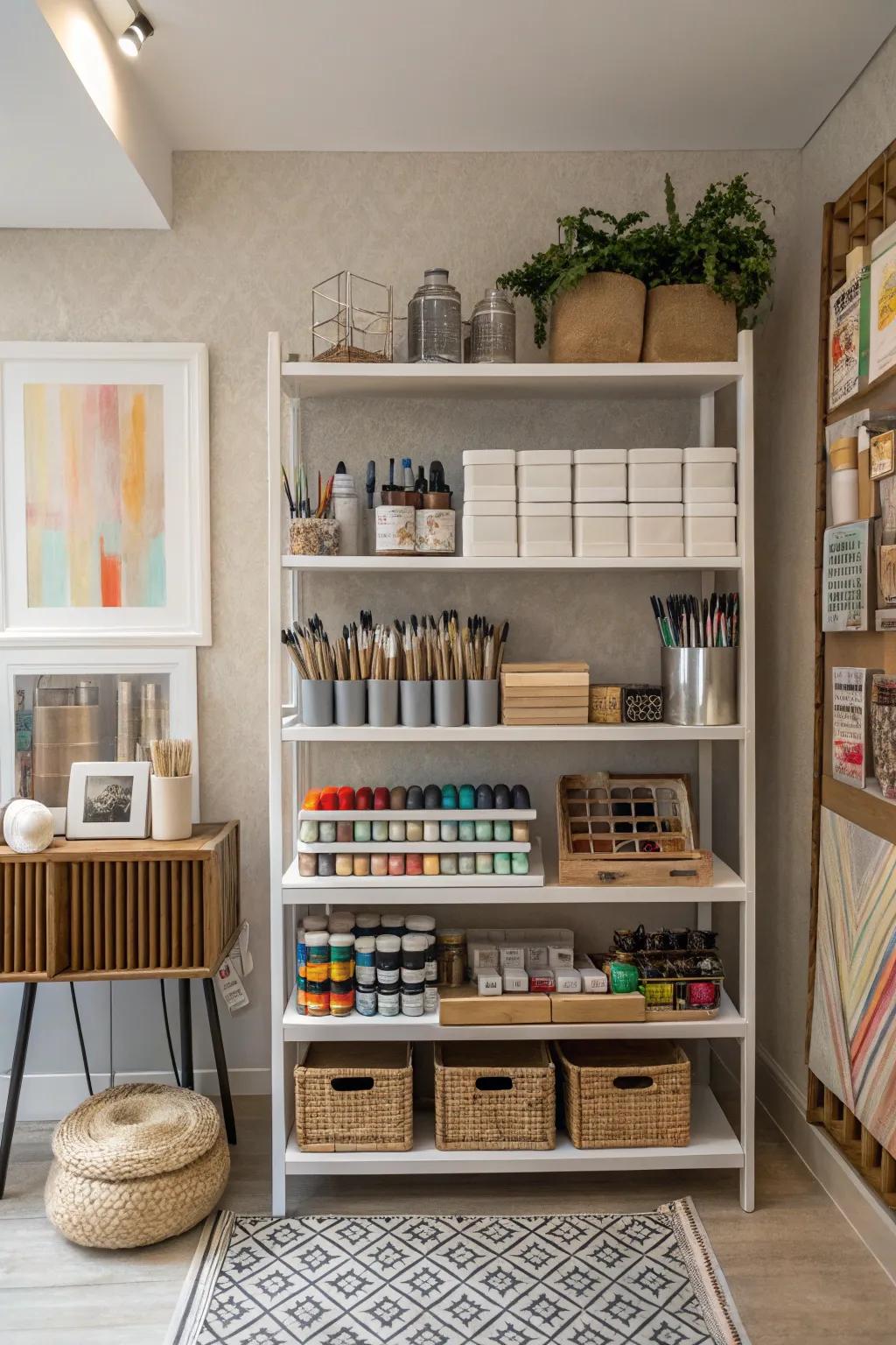 Shelves with multiple levels optimize vertical space in your artistic studio.
