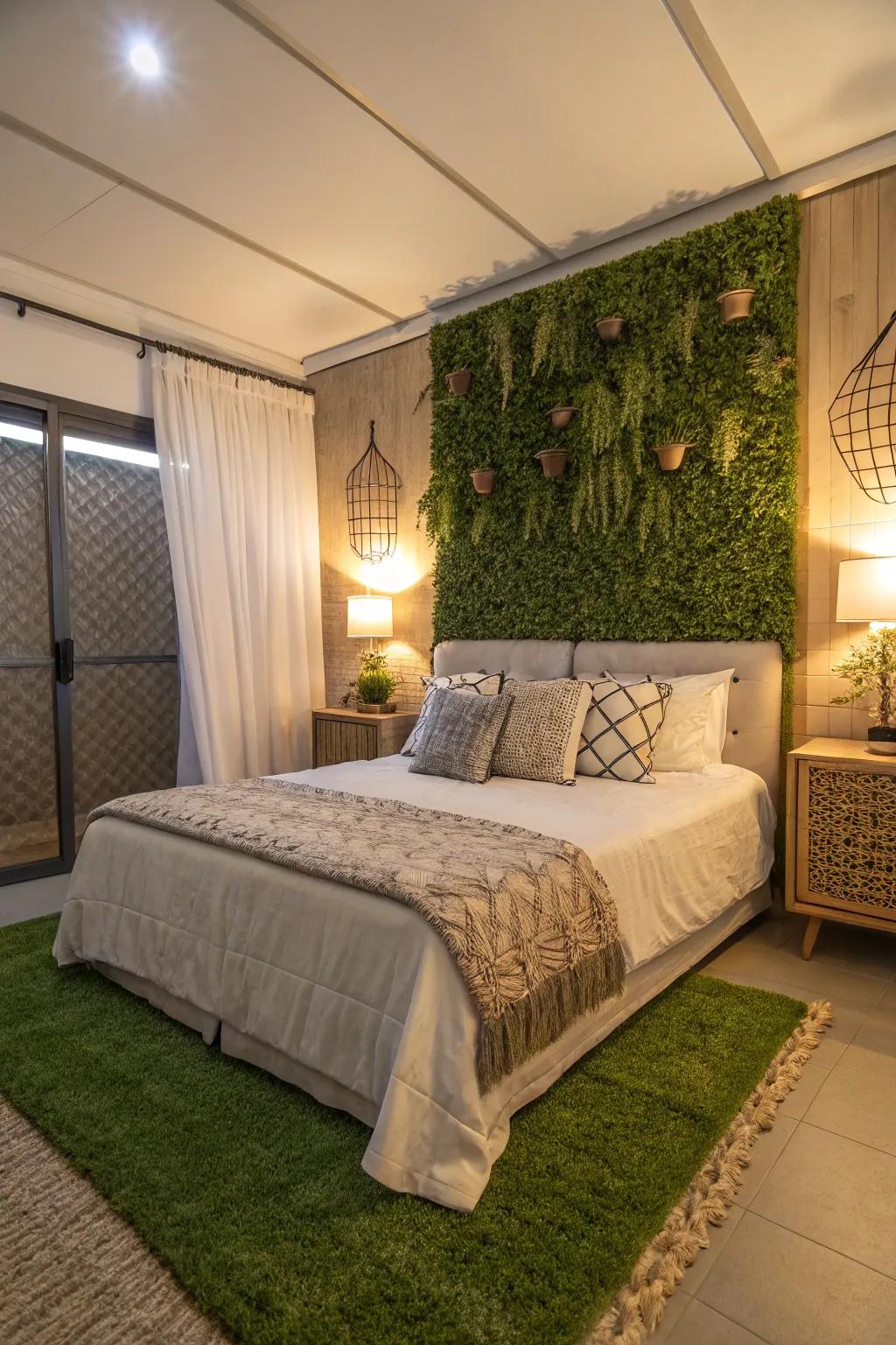 A tranquil sleeping quarters escape enhanced by a rich simulated verdant wall.
