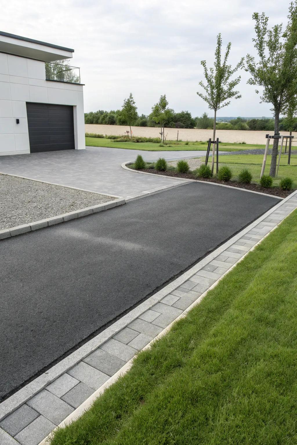 Concrete pavers craft a chic, modern border for this fashionable driveway.