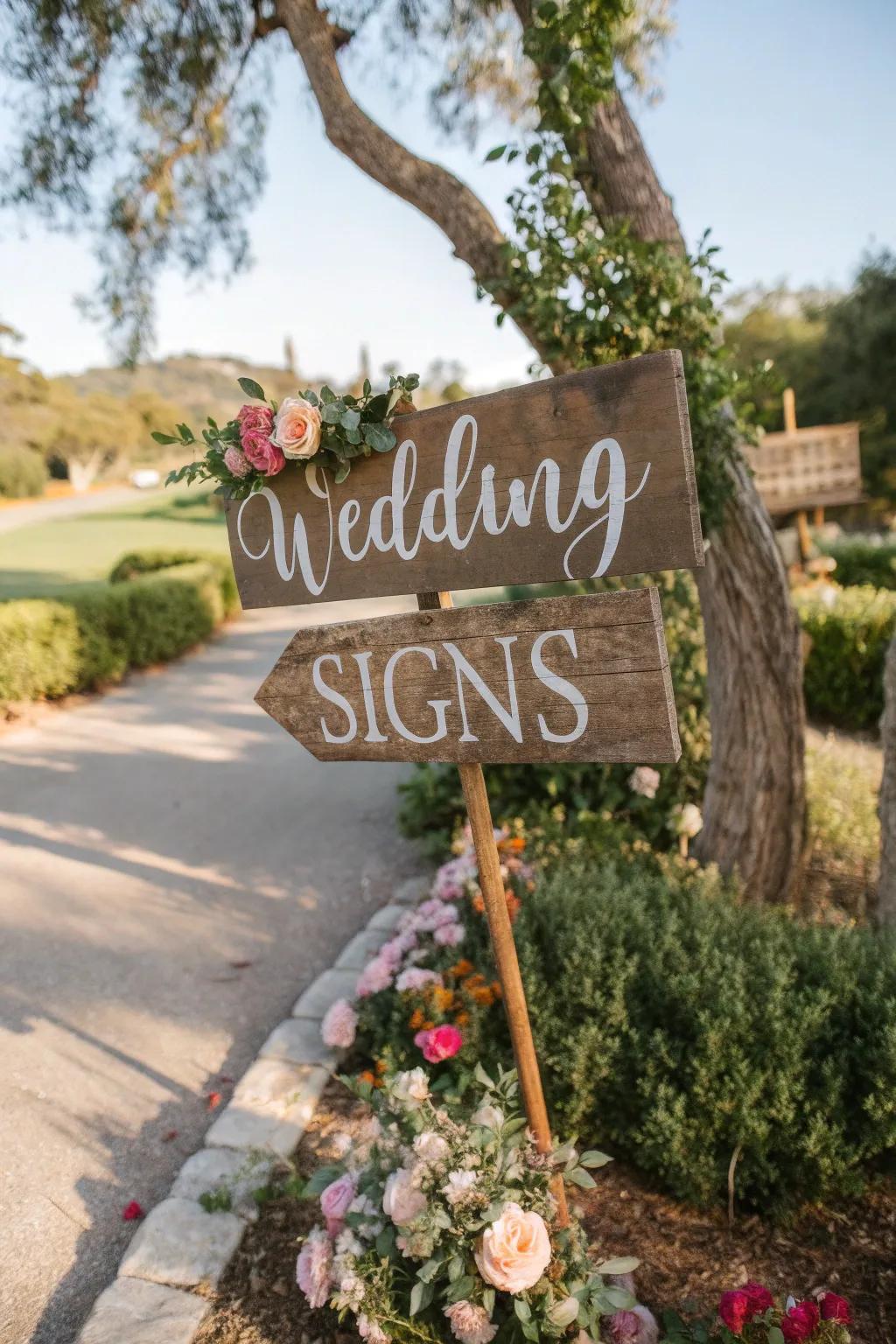 Artisanal timber notices imbue individuality to the wedding celebration.