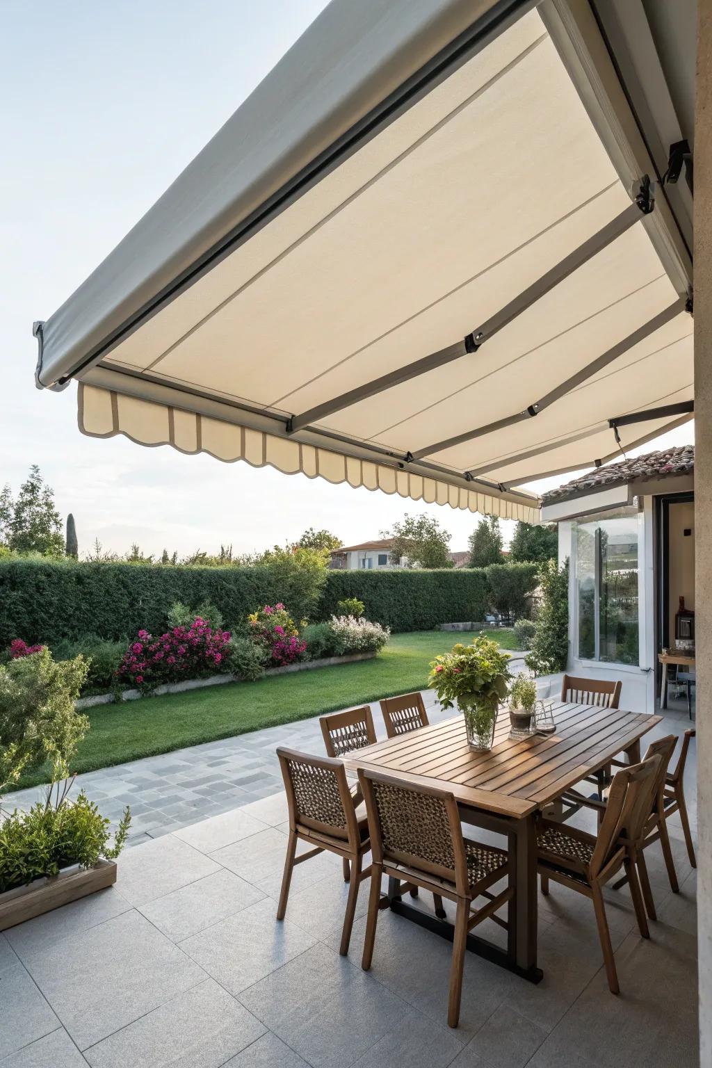 A retractable awning presents adaptable shading possibilities.
